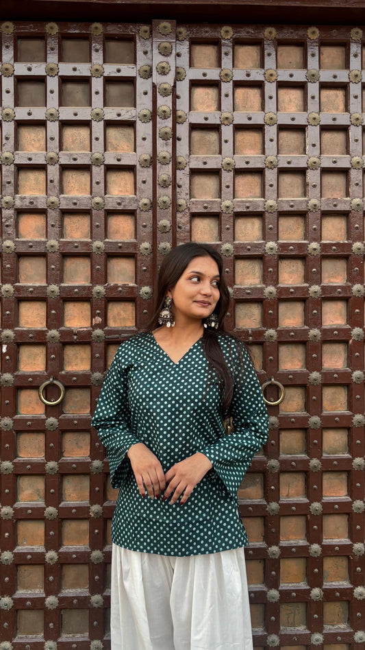 Bindu Pure Cotton Polka Dot Top – Forest Green