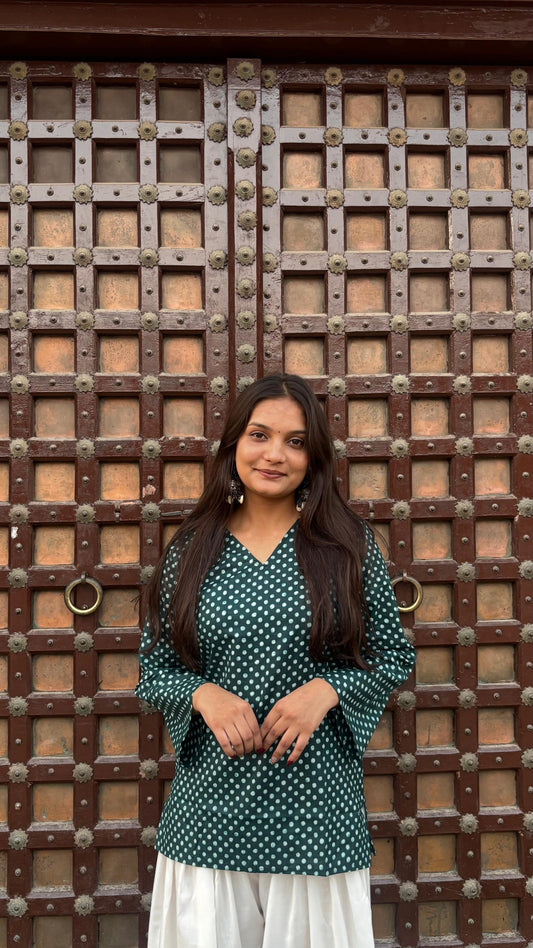 Bindu Pure Cotton Polka Dot Top – Forest Green